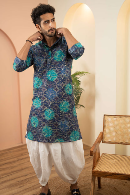 The Imperial Blue Foil Print Long Kurta With Bandhani Print