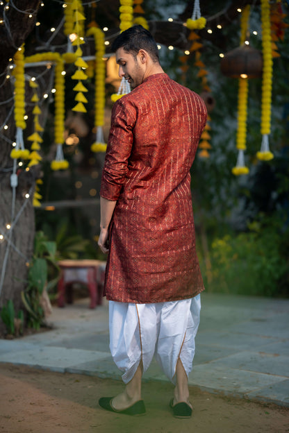 The Rusty Red Long Kurta With Zari Work And Tribal Print