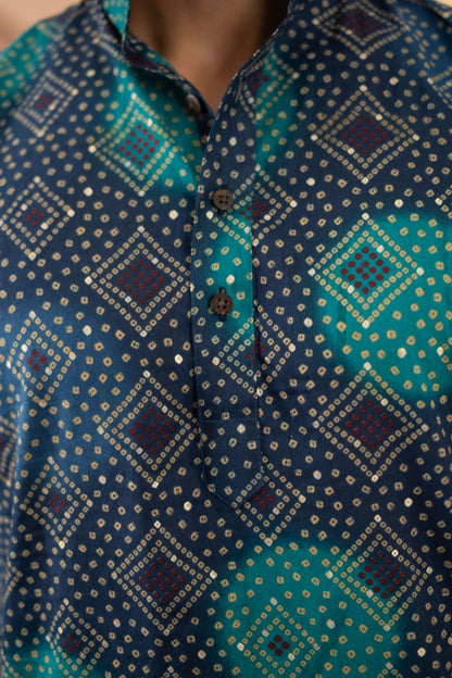 The Imperial Blue Foil Print Long Kurta With Bandhani Print