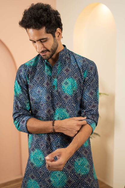 The Imperial Blue Foil Print Long Kurta With Bandhani Print