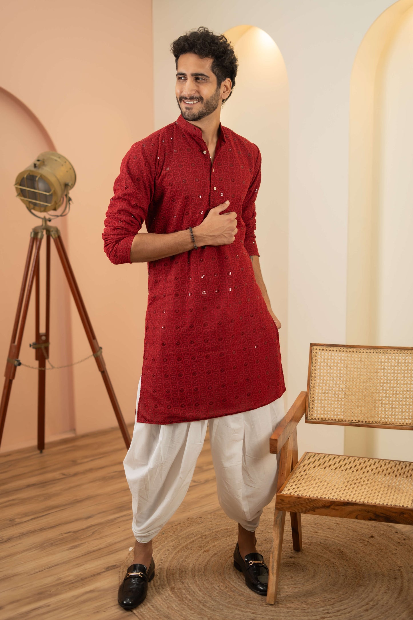 The Maroon Chikan Kari Long Kurta