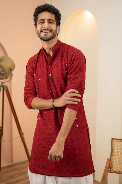 The Maroon Chikan Kari Long Kurta