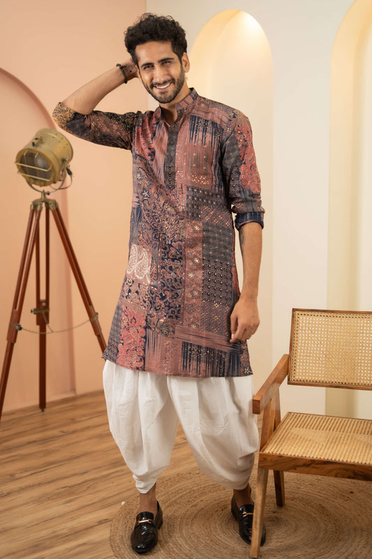 The Navy Blue Long Kurta With Floral Patchwork Foil Print