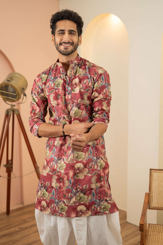 The Milano Red Foil Work Long Kurta with All Over Floral Print