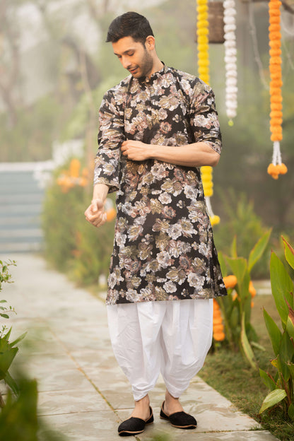 The Black Long Kurta With All Over Flower Foil Print