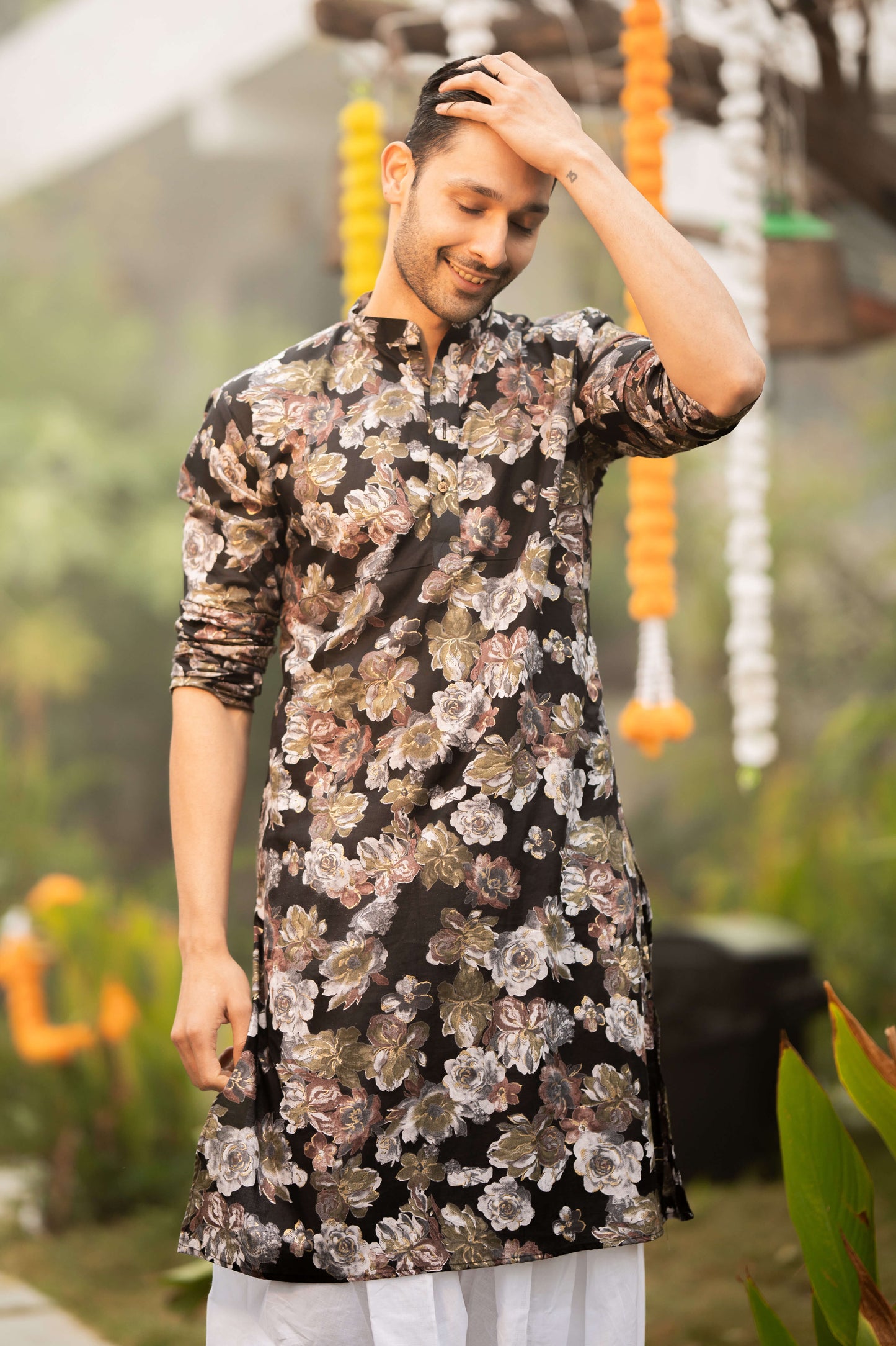 The Black Long Kurta With All Over Flower Foil Print