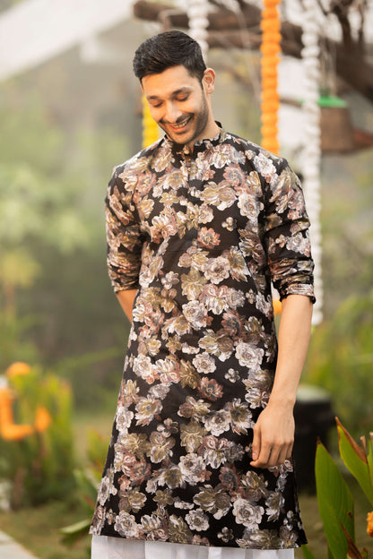 The Black Long Kurta With All Over Flower Foil Print