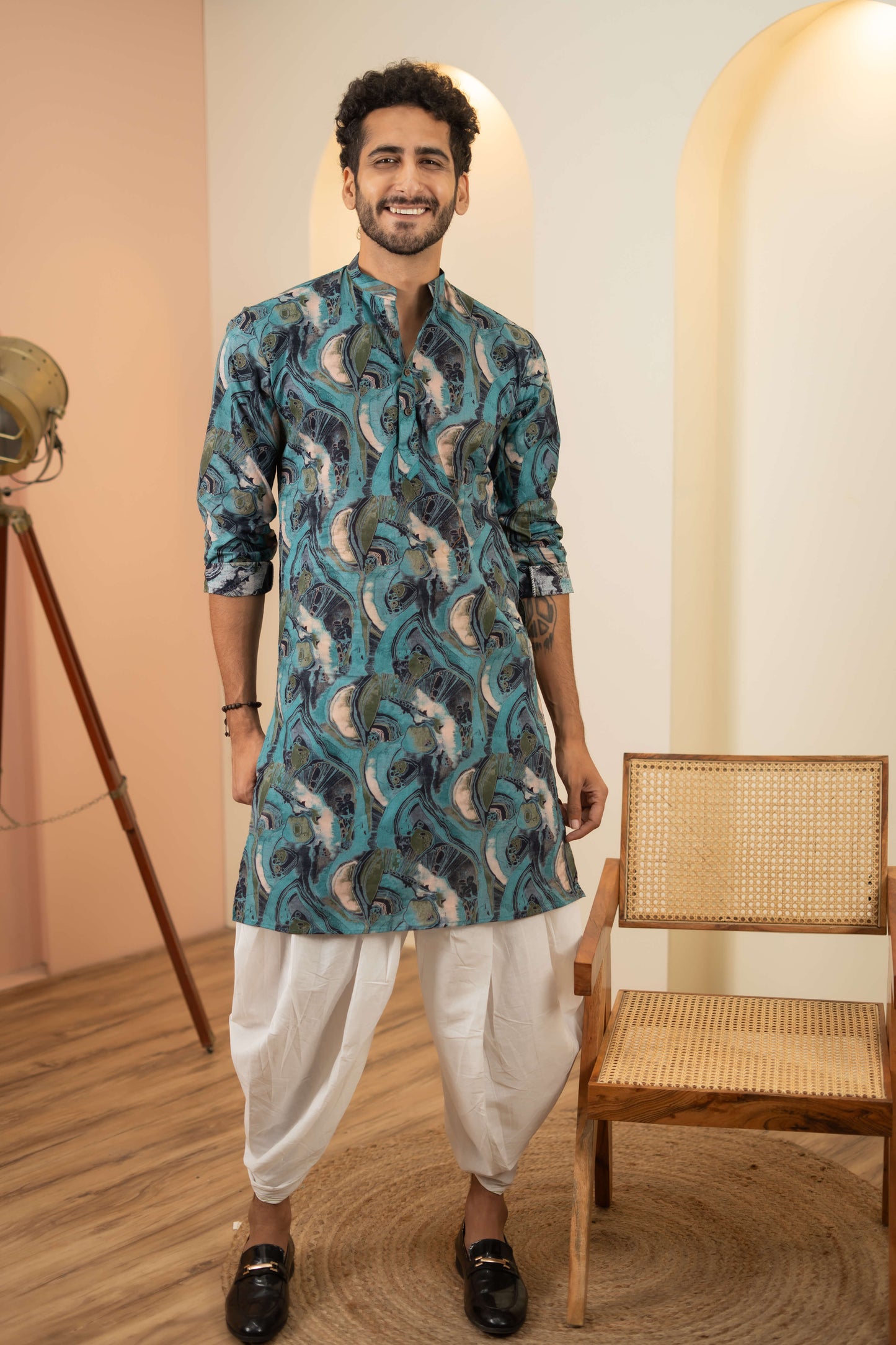 The Denim Blue And Teal Long Kurta With Tribal Print