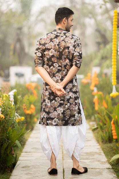 The Black Long Kurta With All Over Flower Foil Print