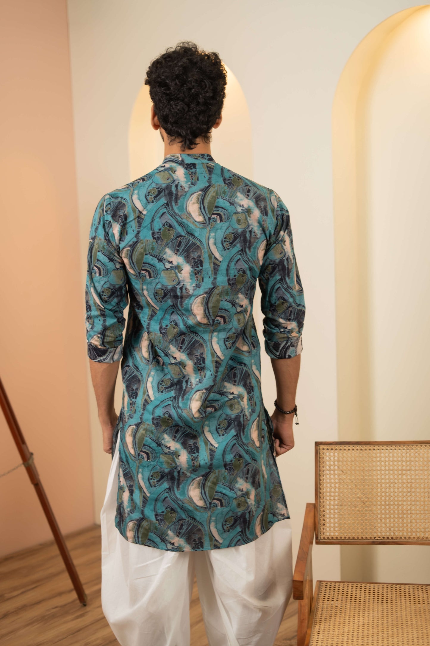 The Denim Blue And Teal Long Kurta With Tribal Print