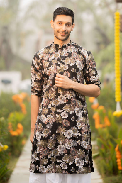 The Black Long Kurta With All Over Flower Foil Print