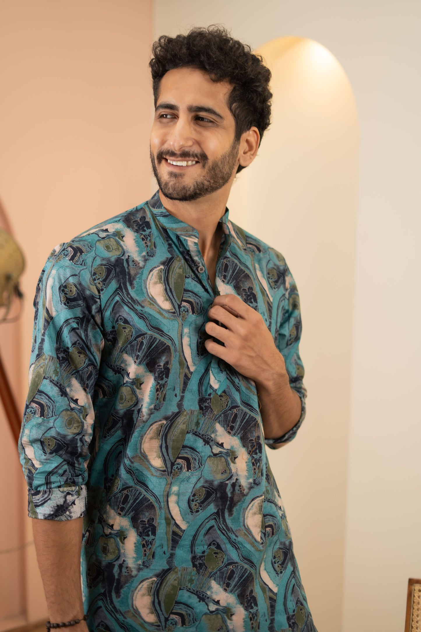 The Denim Blue And Teal Long Kurta With Tribal Print