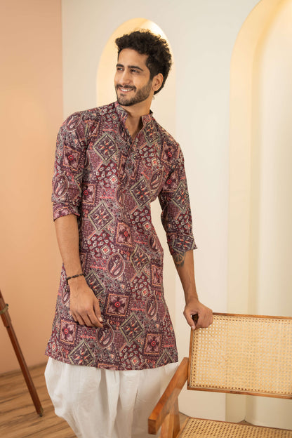 The Ruby Purple Long Kurta With Tribal Foil Print