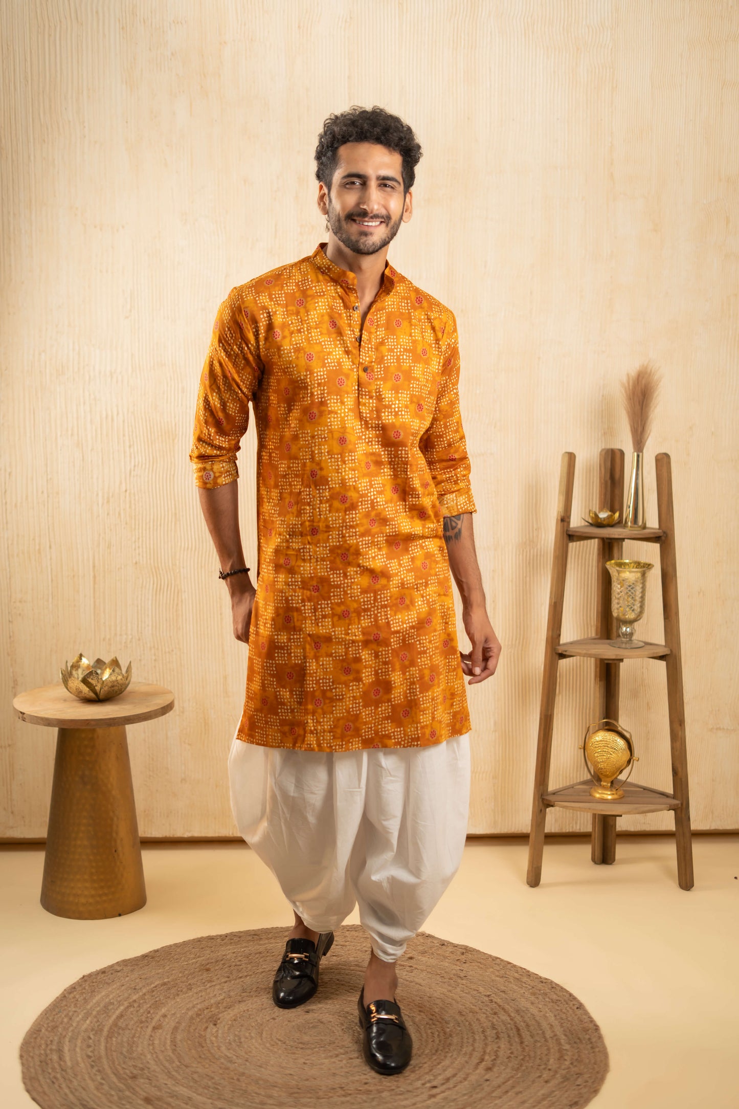 The Mustard Yellow Foil Print Long Kurta with Bandhani Print