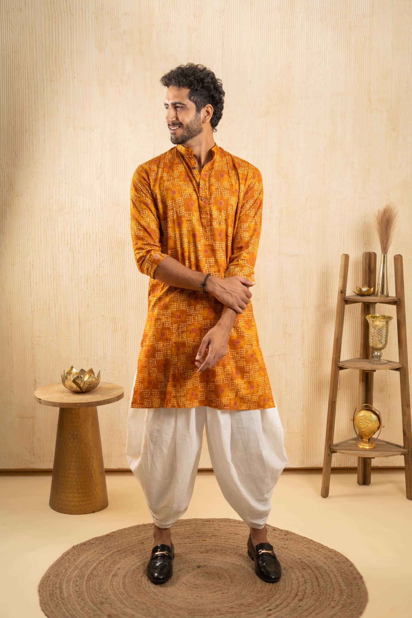 The Mustard Yellow Foil Print Long Kurta with Bandhani Print