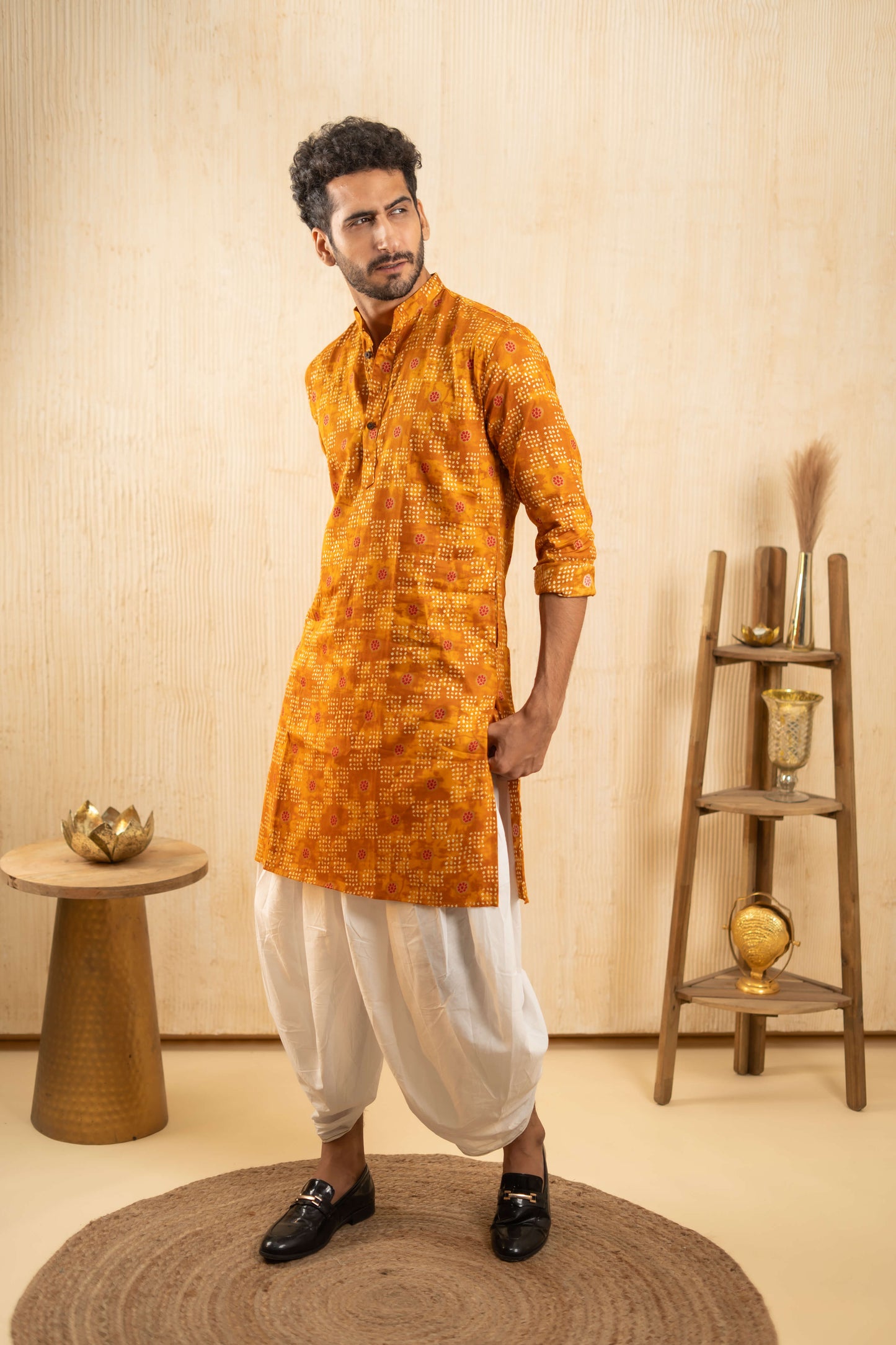 The Mustard Yellow Foil Print Long Kurta with Bandhani Print