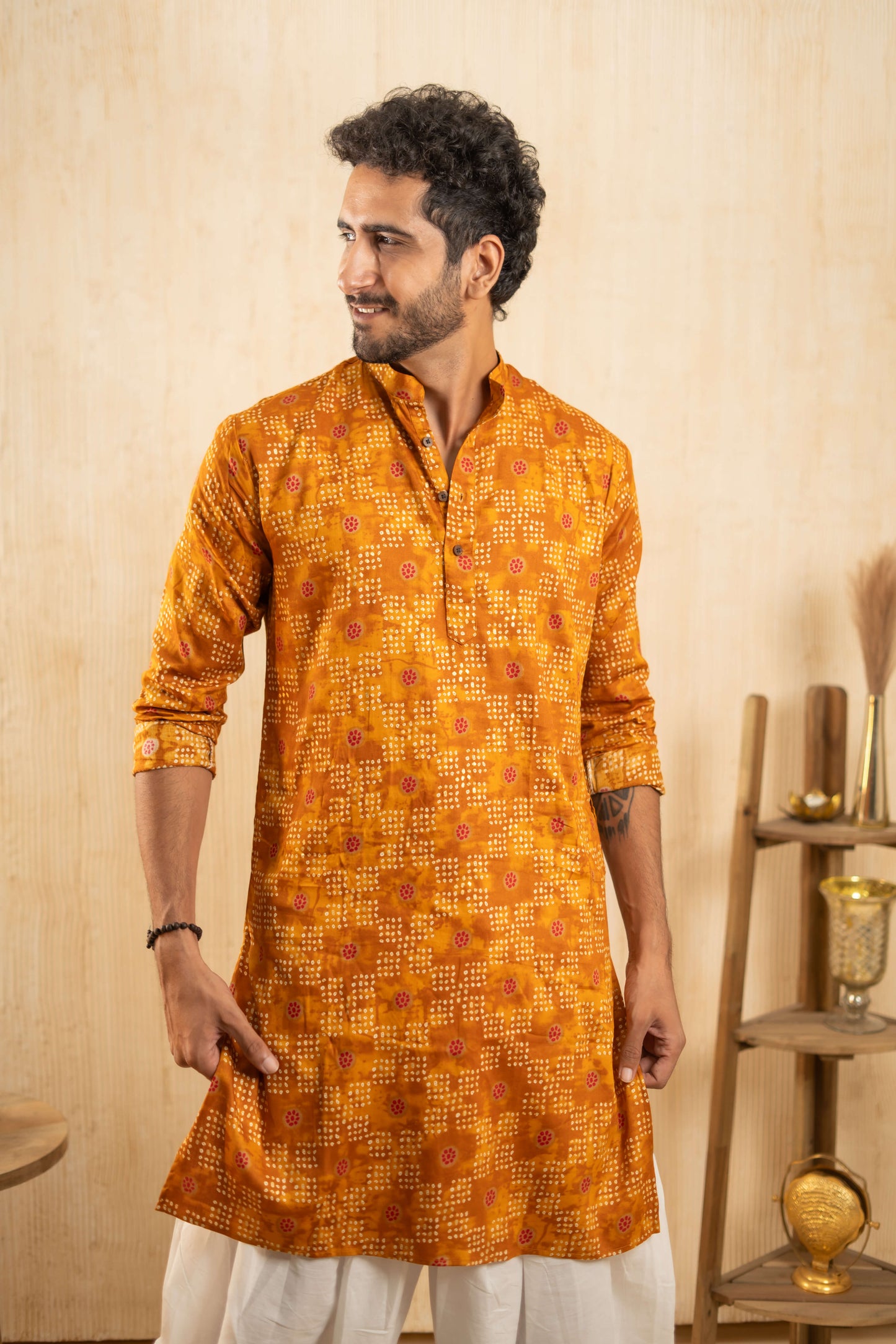 The Mustard Yellow Foil Print Long Kurta with Bandhani Print