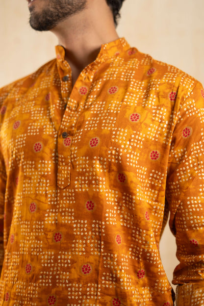 The Mustard Yellow Foil Print Long Kurta with Bandhani Print