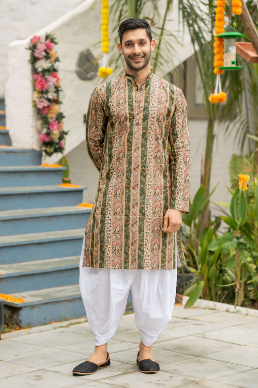 Indian man in a multicolor kurta and a white color dhoti