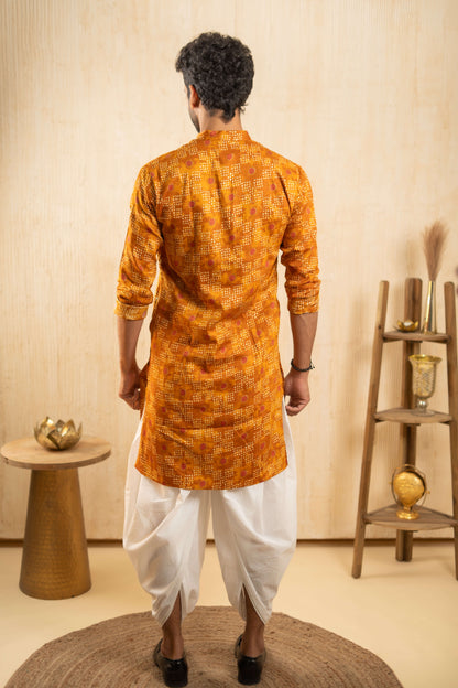 The Mustard Yellow Foil Print Long Kurta with Bandhani Print