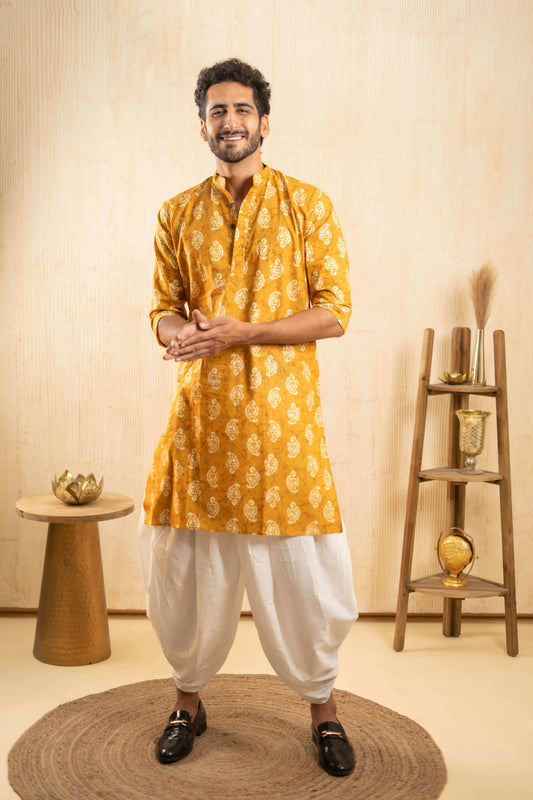 The Light Mustard Foil Print Long Kurta with Paisley Butti Print