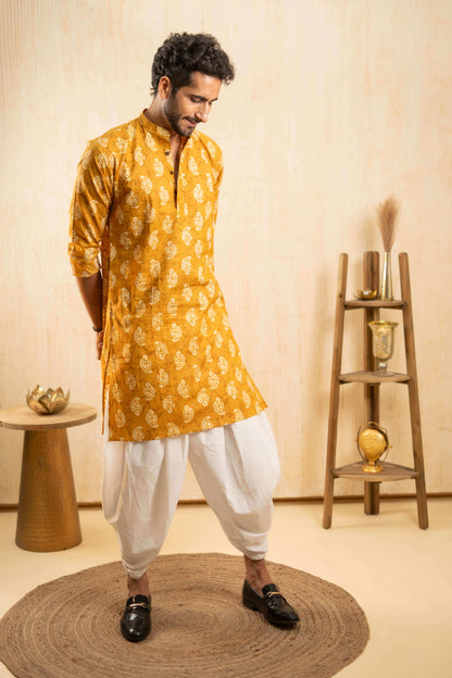 The Light Mustard Foil Print Long Kurta with Paisley Butti Print