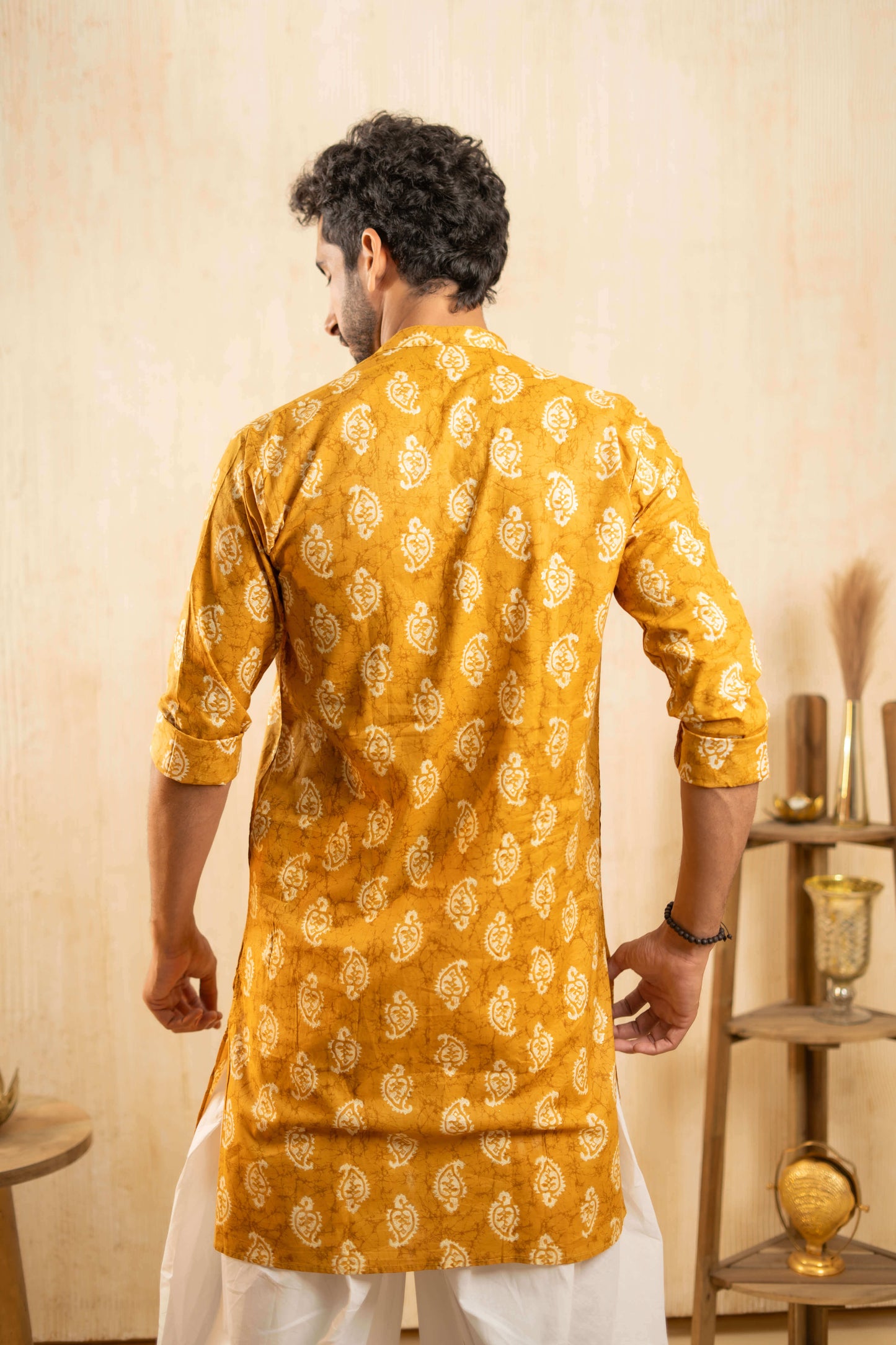 The Light Mustard Foil Print Long Kurta with Paisley Butti Print