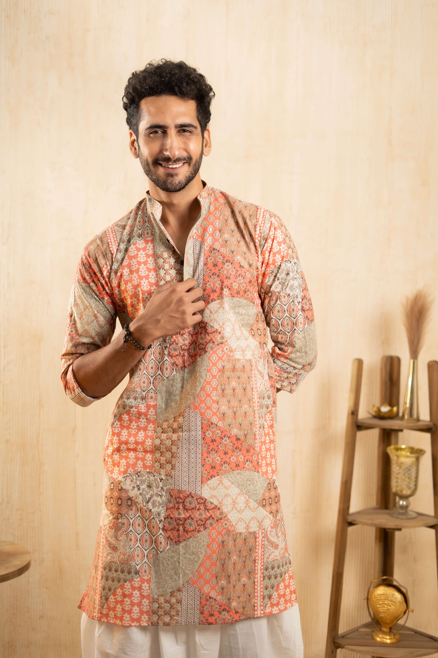 The Peach Patchwork Foil Print Long Kurta With Funky Prints