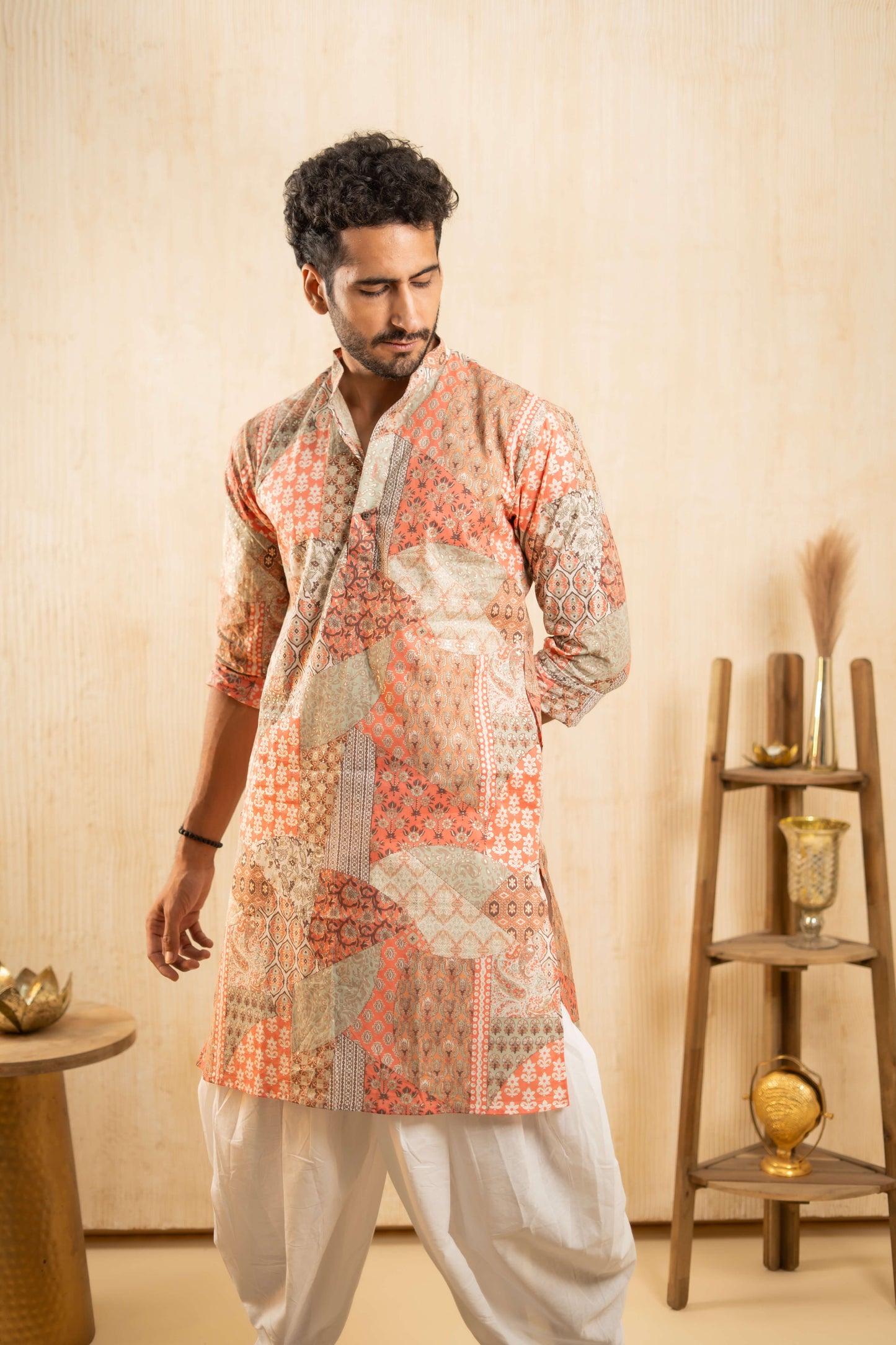 The Peach Patchwork Foil Print Long Kurta With Funky Prints