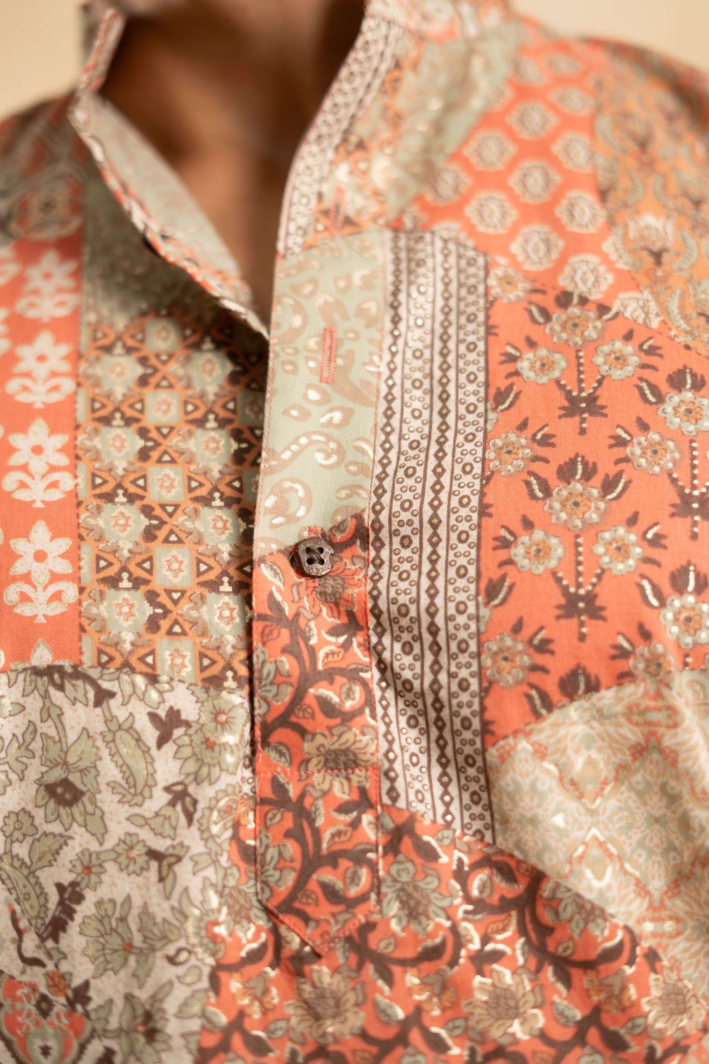 The Peach Patchwork Foil Print Long Kurta With Funky Prints