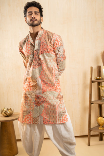 The Peach Patchwork Foil Print Long Kurta With Funky Prints