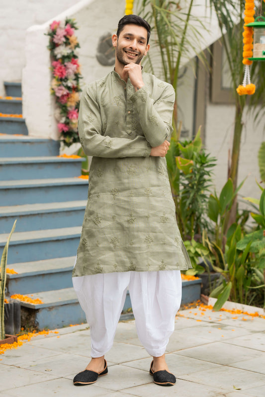 The Sage Green Long Kurta With Floral Embroidery Work