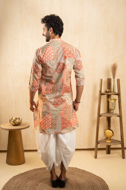 The Peach Patchwork Foil Print Long Kurta With Funky Prints