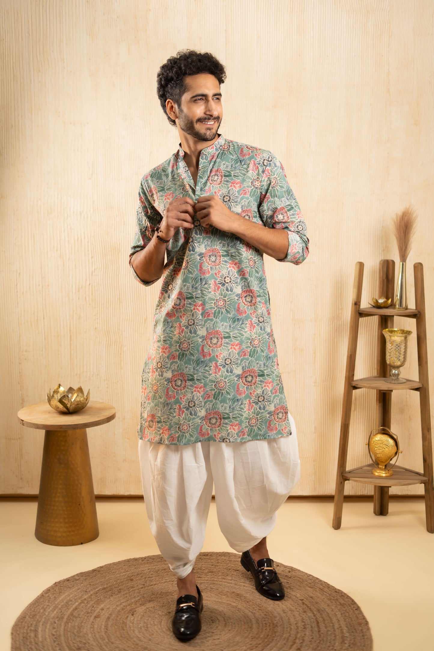 The Paris Green Foil Work Long Kurta with All Over Floral Print