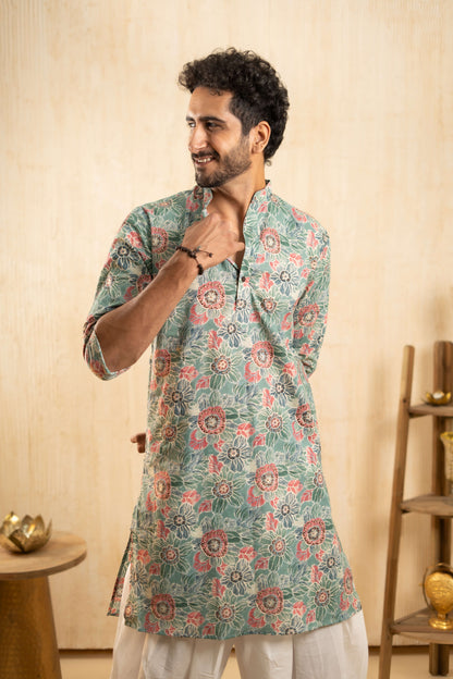 The Paris Green Foil Work Long Kurta with All Over Floral Print