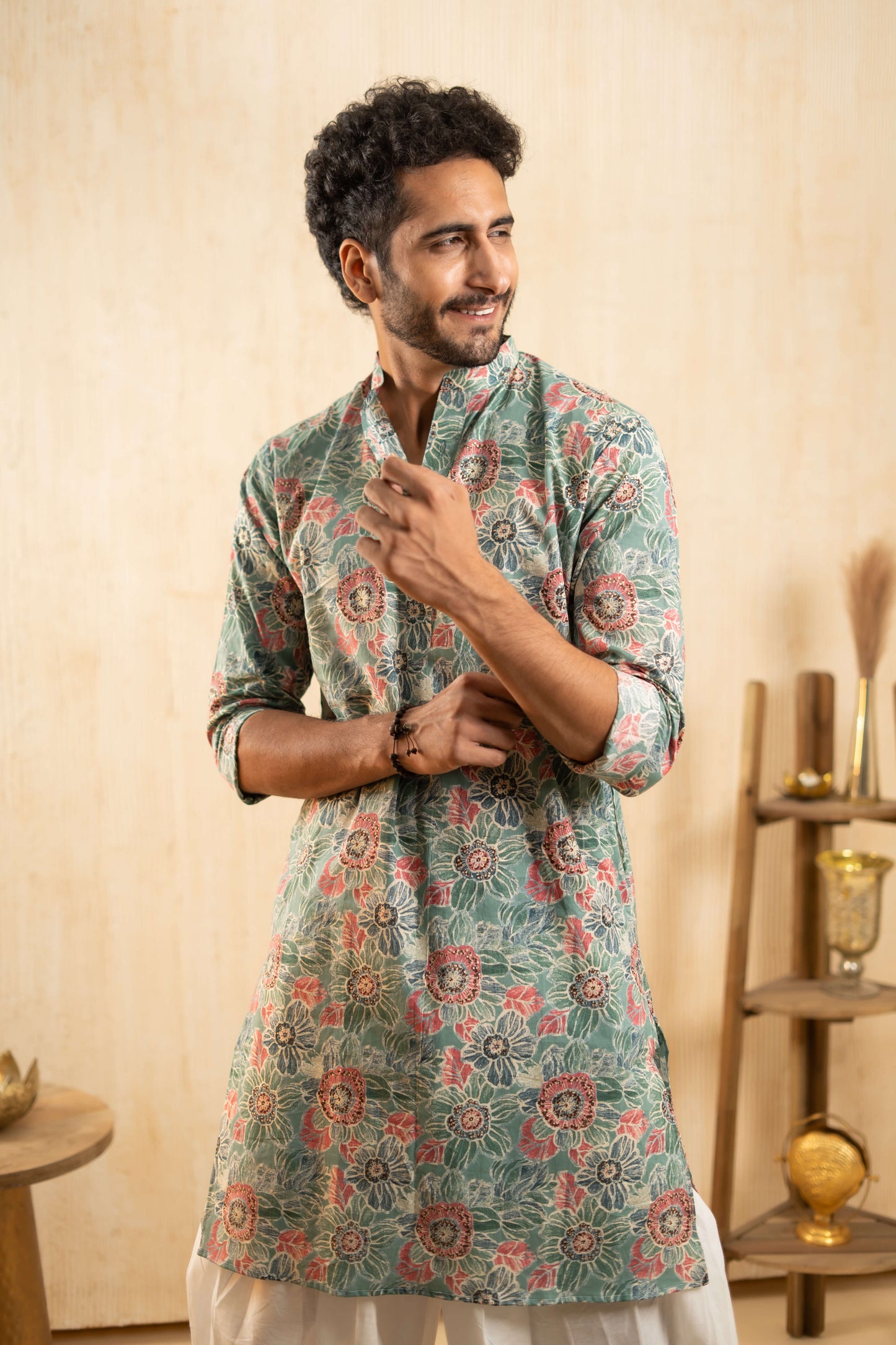 The Paris Green Foil Work Long Kurta with All Over Floral Print