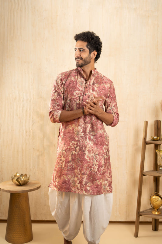 The Flamingo Pink Foil Print Long Kurta With All-Over Floral Print