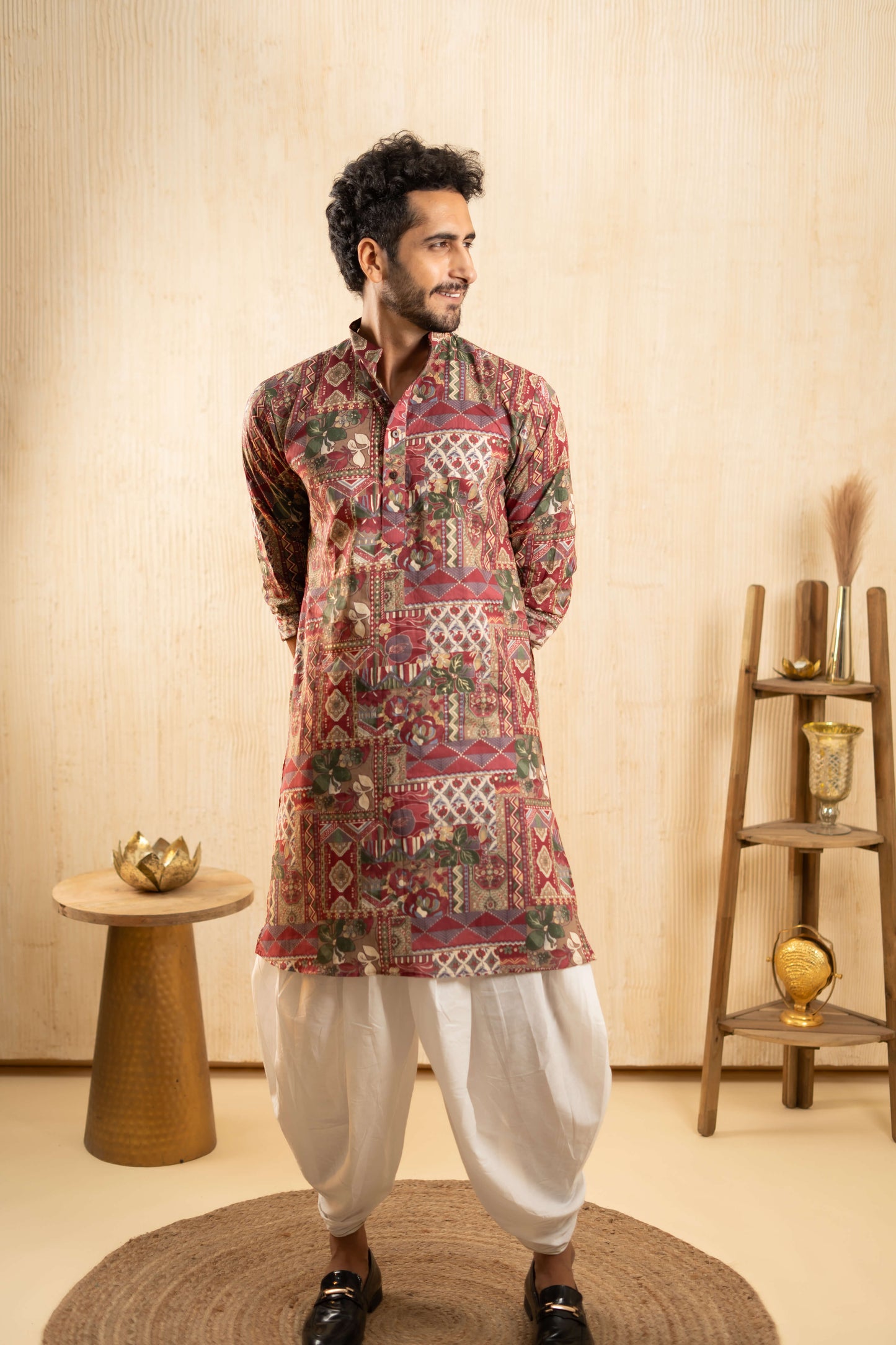 The Dark Pink Long Kurta With Funky Tribal Patchwork Print