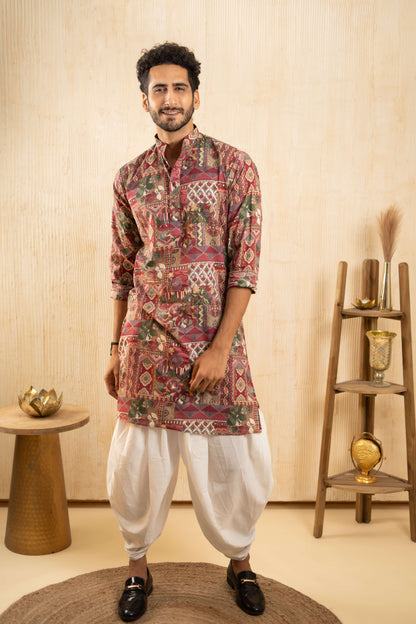 The Dark Pink Long Kurta With Funky Tribal Patchwork Print