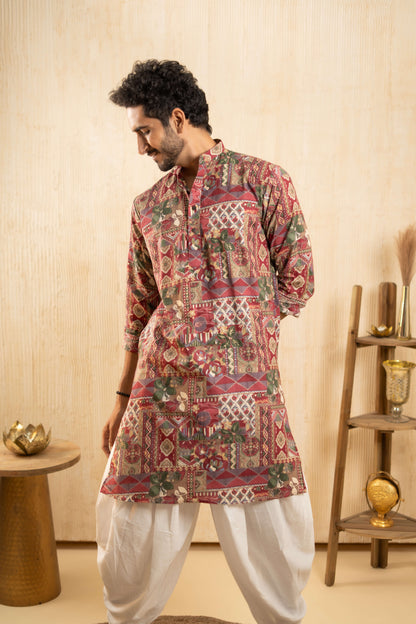 The Dark Pink Long Kurta With Funky Tribal Patchwork Print