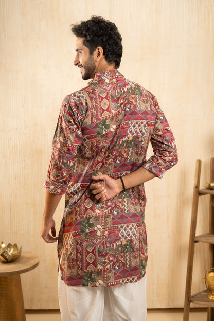 The Dark Pink Long Kurta With Funky Tribal Patchwork Print