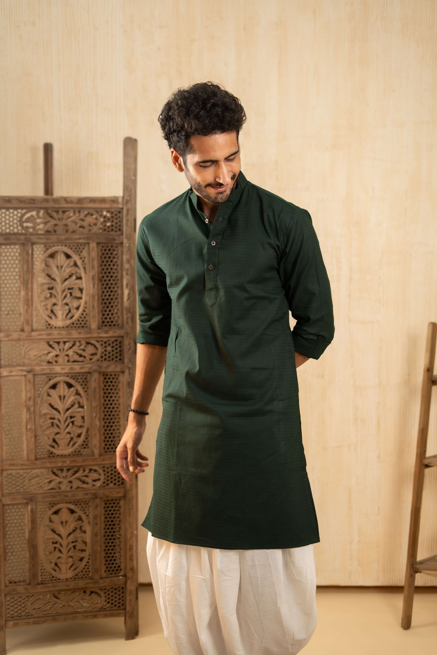 The Forest Green Long Kurta With Textured Self Work