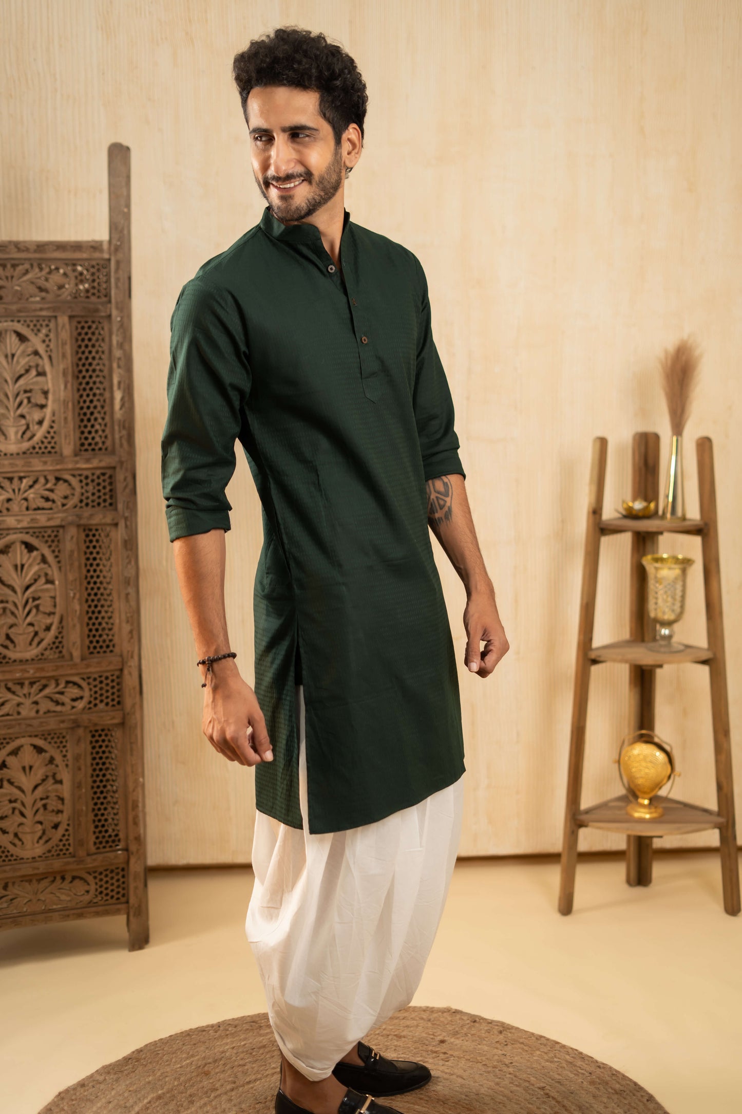 The Forest Green Long Kurta With Textured Self Work