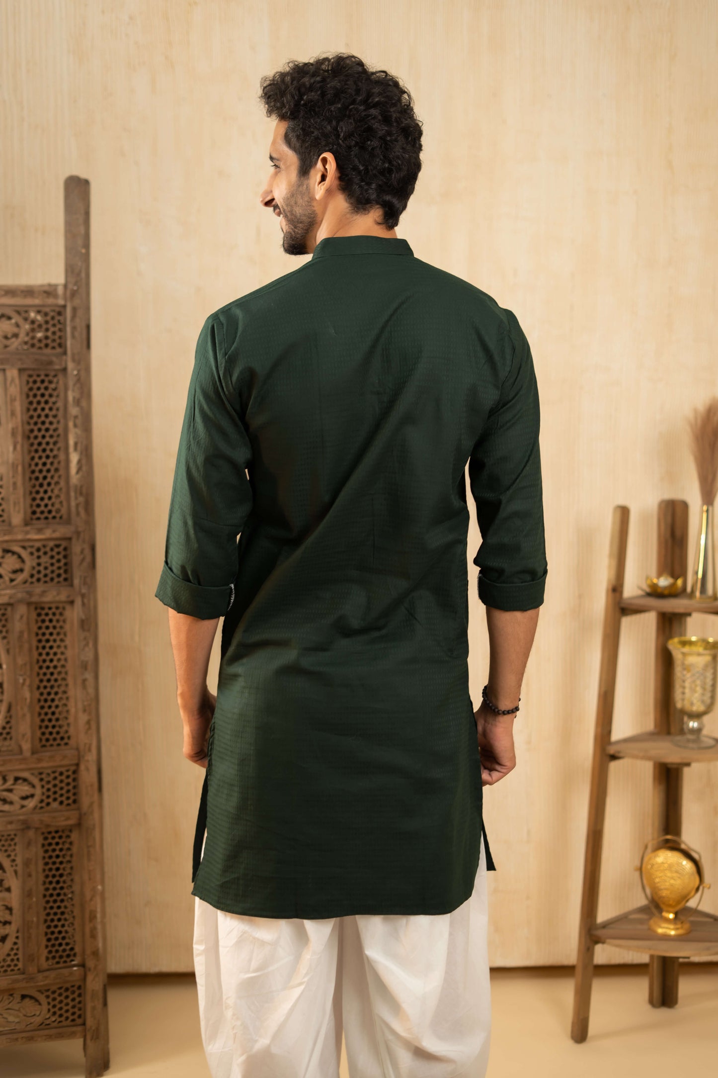 The Forest Green Long Kurta With Textured Self Work