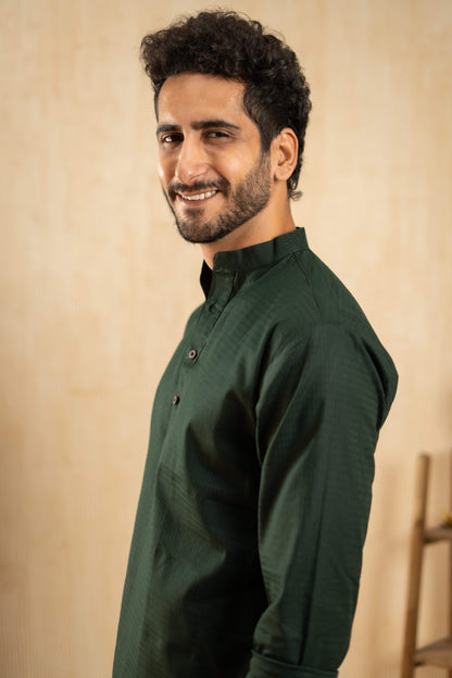 The Forest Green Long Kurta With Textured Self Work