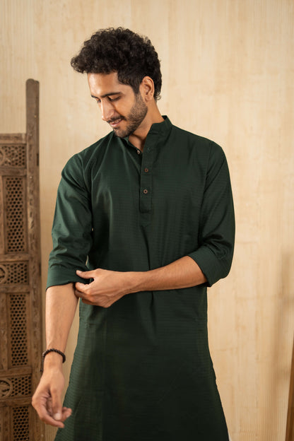 The Forest Green Long Kurta With Textured Self Work