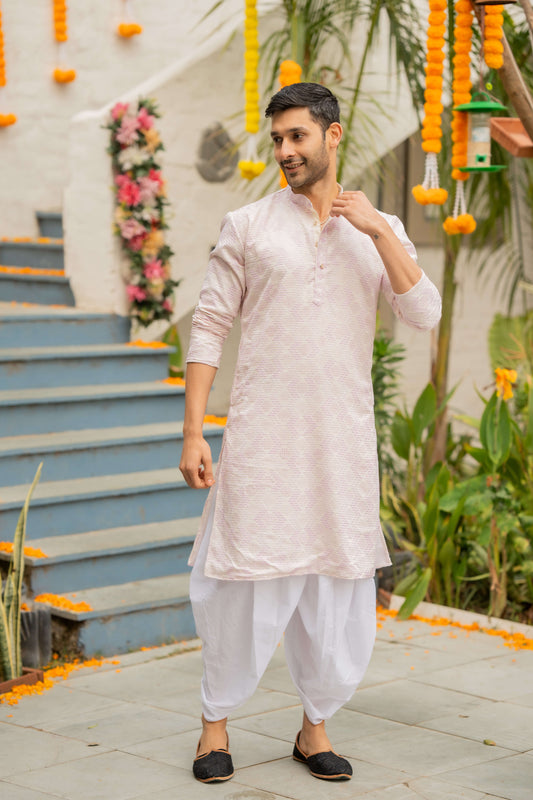 The Off White Long Kurta with Pink and Oyster Thread and Sequins Work