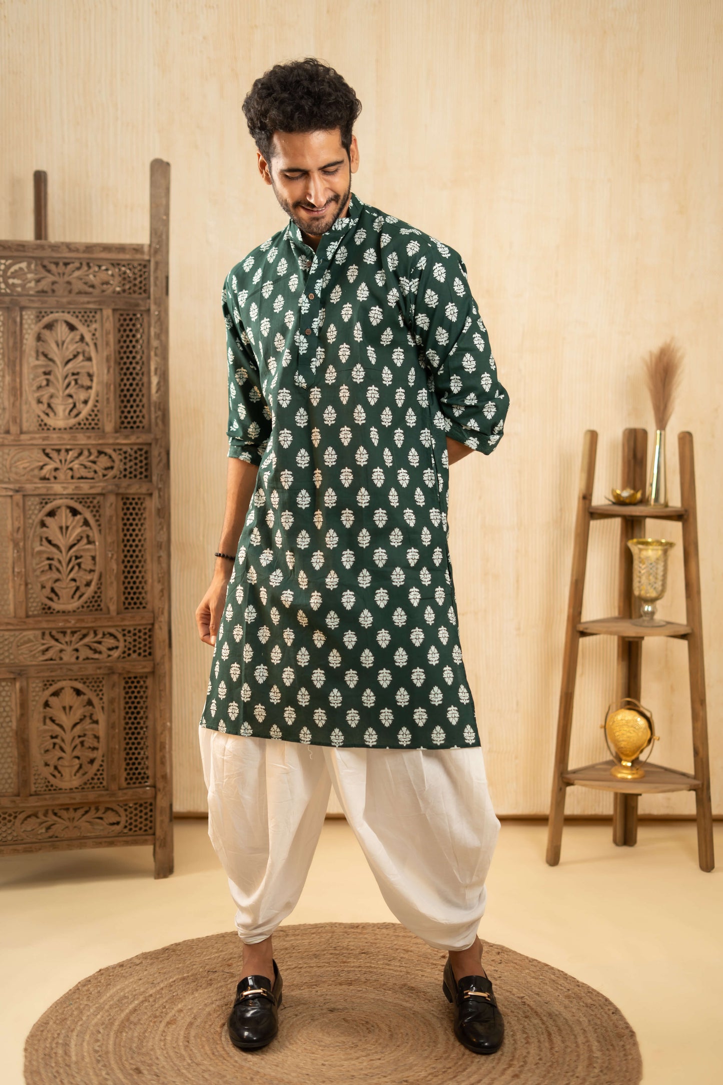 The Dark Green Long Kurta With White Flower Print