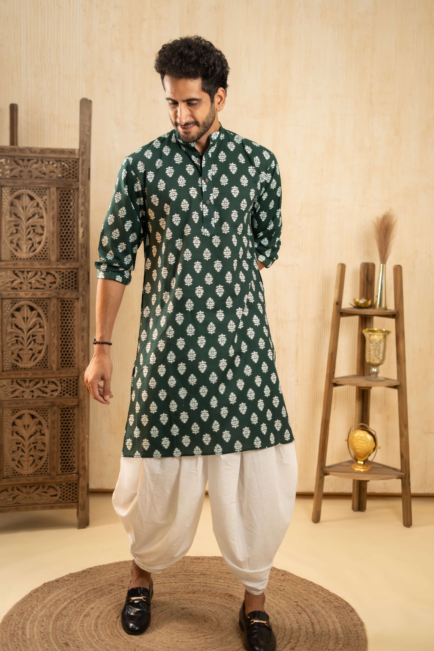 The Dark Green Long Kurta With White Flower Print