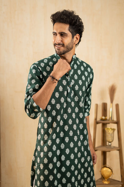 The Dark Green Long Kurta With White Flower Print